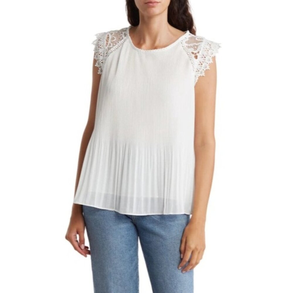 Liv Los Angeles Crochet Lace Sleeve Pleated Blouse Size Small White Elegant Chic